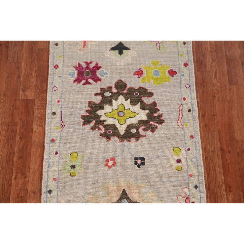 Hand Knotted Oriental 100% Wool Carpet Transitional All-Over Beige & Ivories Oushak Runner Rug - 9' 11'' X 2' 9''