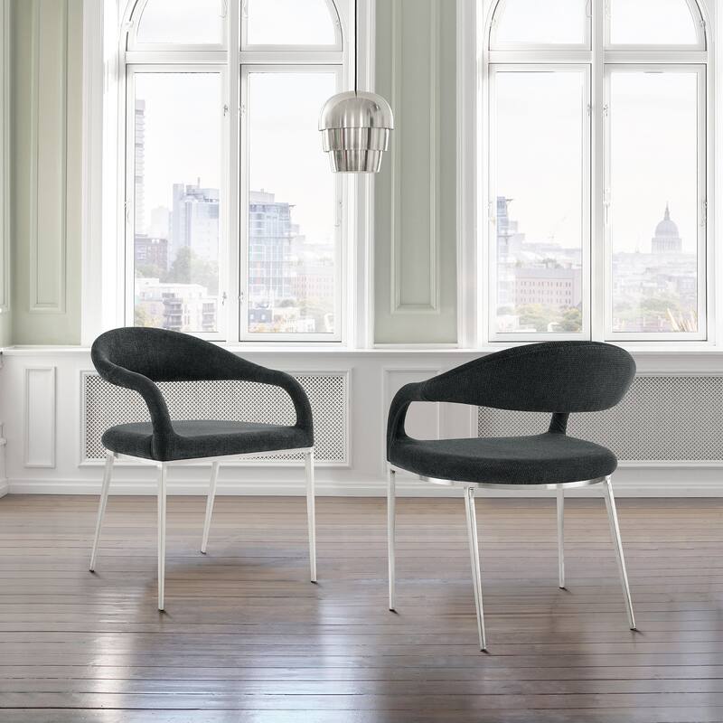Morgan Upholstered Barrel Back Dining Chairs - Set of 2 - Charcoal & Stainless Steel