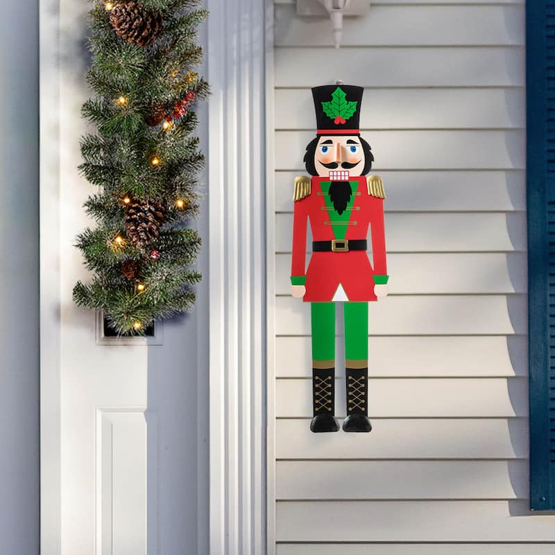 Glitzhome Metal Nutcracker with MERRY CHRISTMAS or Snowman with HAPPY HOLIDAYS Yard Stakes Wall Decor(Set of 3 )