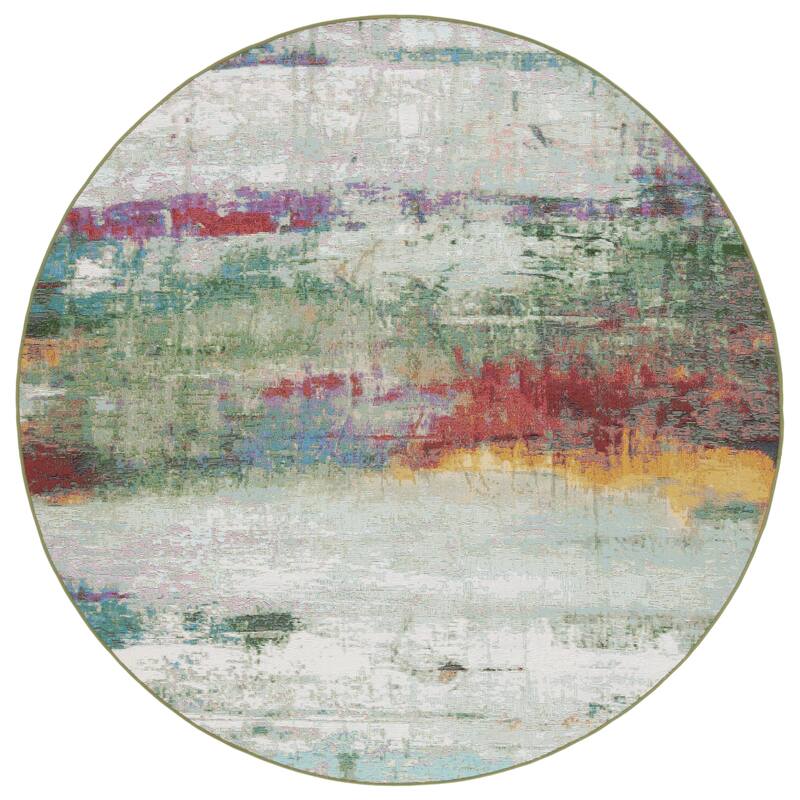 SAFAVIEH Barbados Gulbeyaz Modern Waterproof Patio Backyard Rug - 6'6" Round - Green/Blue Purple