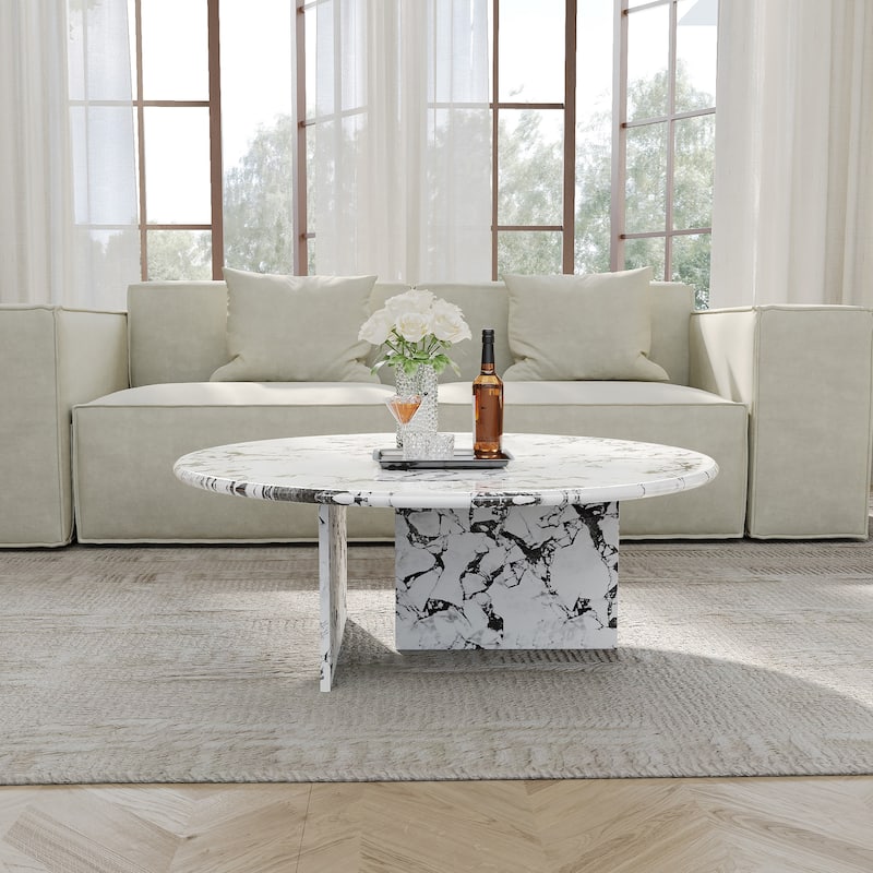 35.43"Modern Round Coffee Table,Glossy Faux Marble Table top