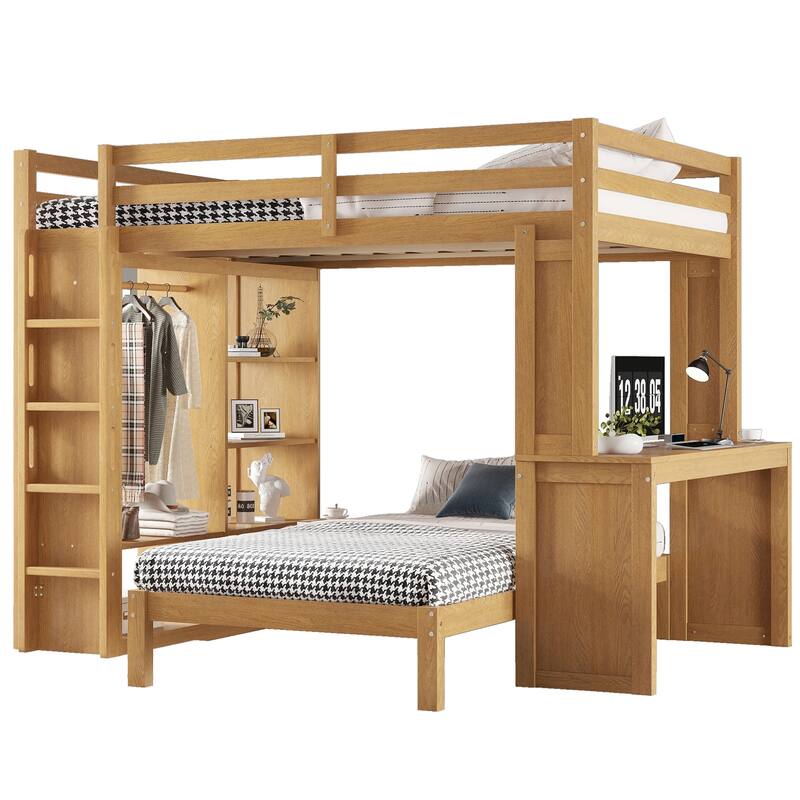Convertible Queen Loft Bed with Desk, Wardrobe, and Shelves, Solid Wood Frame, Natural Finish