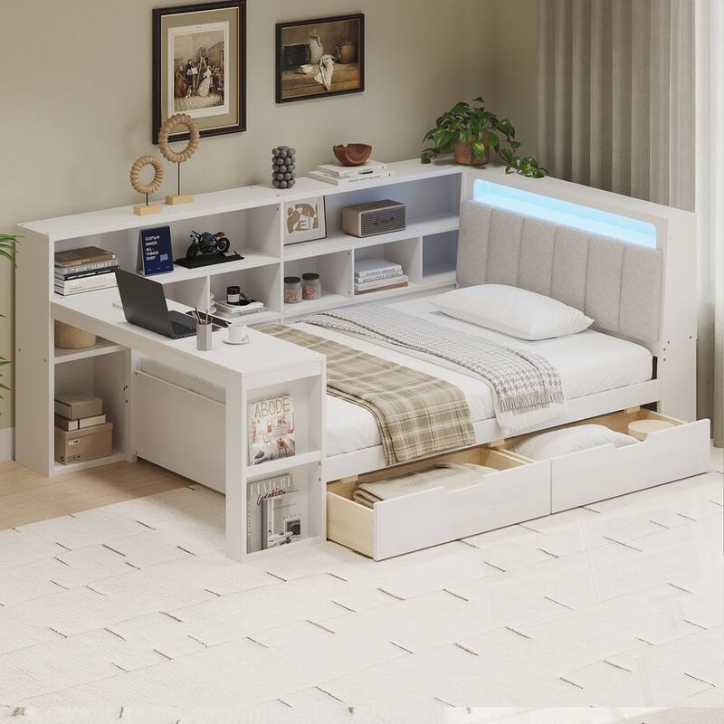 L-shaped Wooden Daybed with Desk and Storage Bookcase with Upholstered Headboard