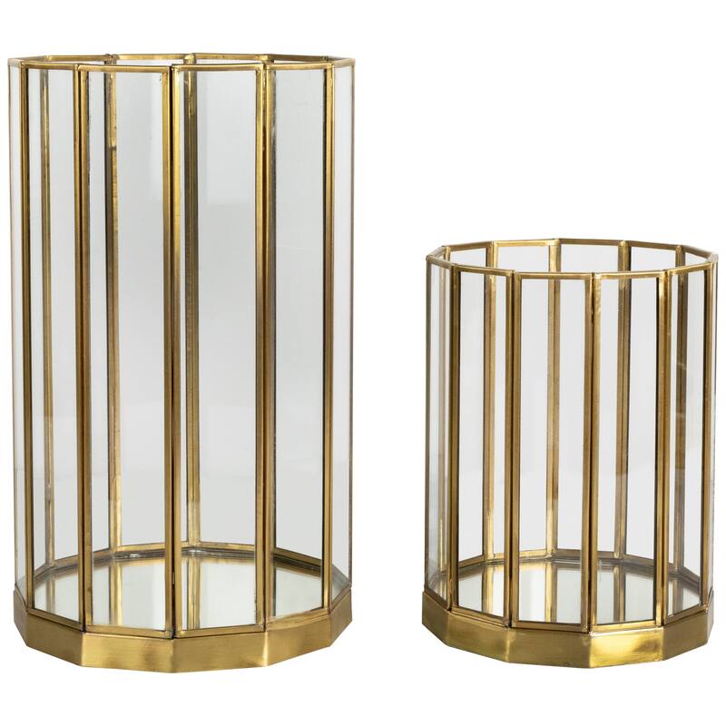 Glass Hurricane Mirrored Pillar Candle Holders - 11.75" - Brass Finish - Set of 2