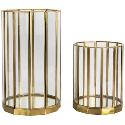 Glass Hurricane Mirrored Pillar Candle Holders - 11.75" - Brass Finish - Set of 2