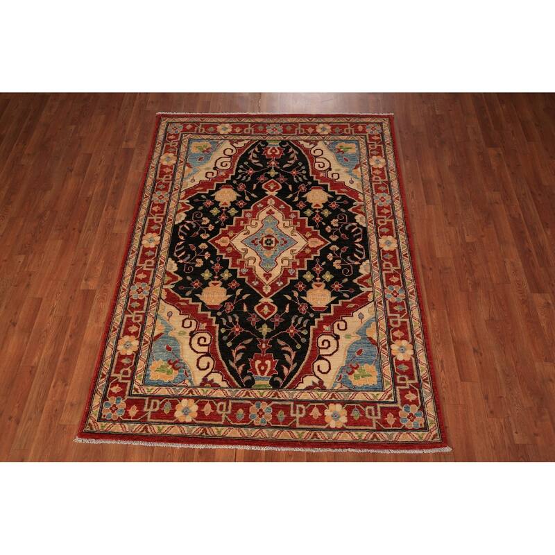 Black Vegetable Dye Heriz Oriental Rug Handmade Wool Carpet - 4'11" x 6'8"