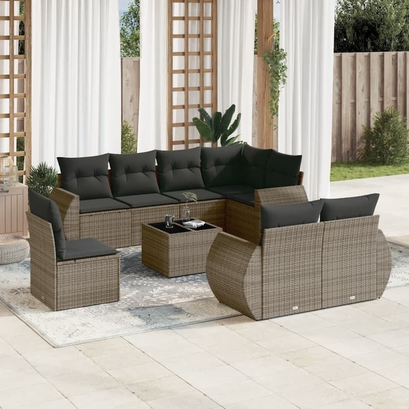 vidaXL Patio Sofa Set with Cushions Outdoor Furniture 9 Piece Poly Rattan - Gray with table - 21.7 x 21.7 x 14.6
