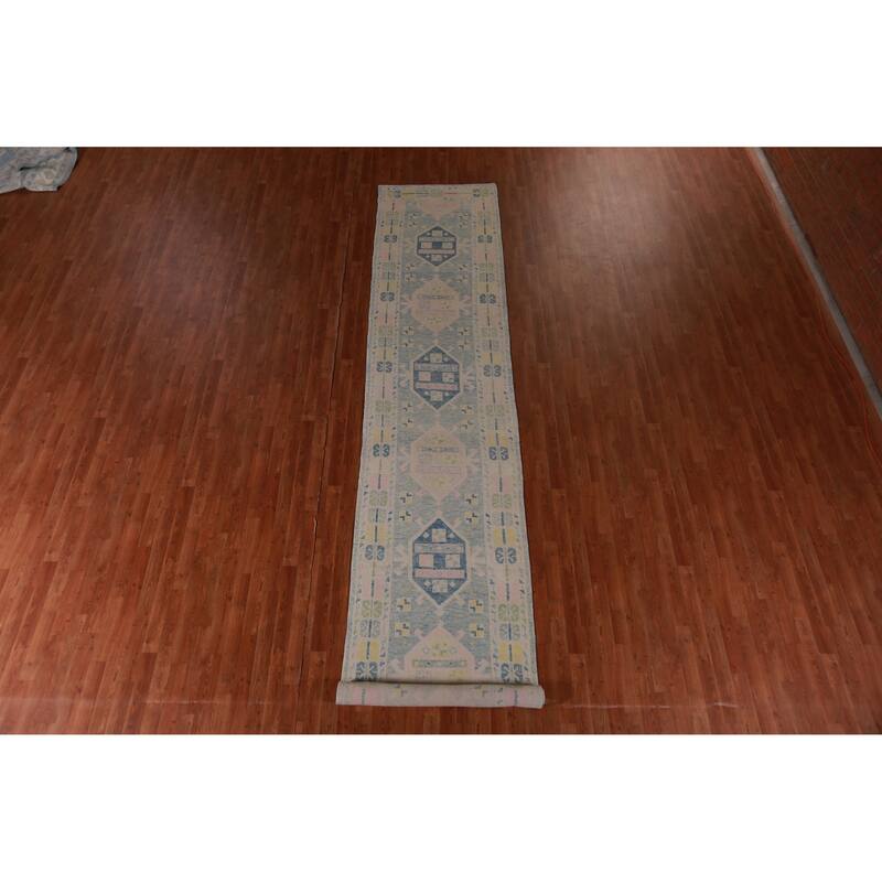 Hand Knotted Oriental 100% Wool Carpet Transitional Geometric Navy Blue & Blues Oushak Runner Rug - 17' 8'' X 3' 3''