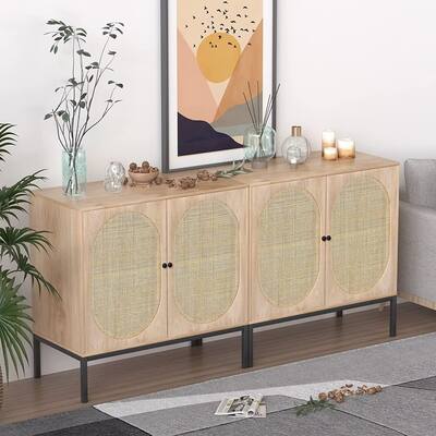 Accent Boho Storage Cabinets, Farmhouse Console Table with Rattan Doors and Shleves, Kitchen Buffet Sideboard Cupboard, Set Of 2