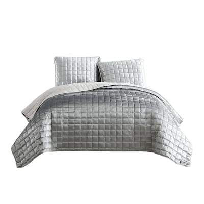 3 Piece King Size Coverlet Set with Stitched Square Pattern, Silver