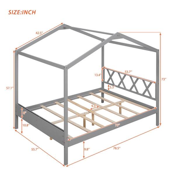 dimension image slide 0 of 6, Wood Playhouse Bed wSemi-enclosed Roof, Headboard, Footboard Storage