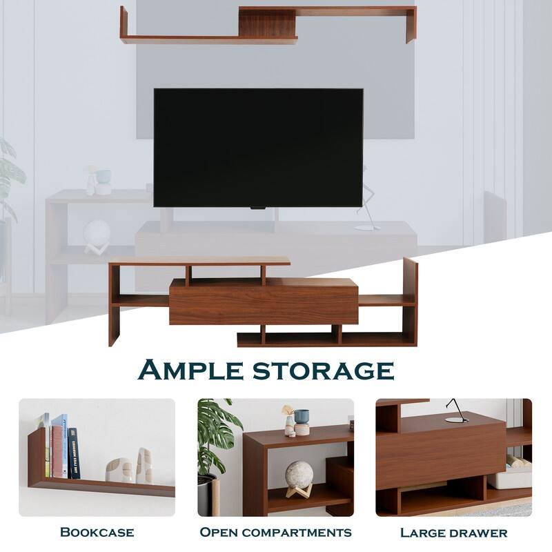 Surrey Multi-functional 60-Inch Modern Wood TV Console with Drawer, Book Case and Open Shelves in Stained Wood Finish
