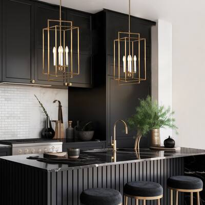 Dilley Mid-century Modern Gold 4-Light Lantern Chandelier Foyer Island Pendant for Dining Room
