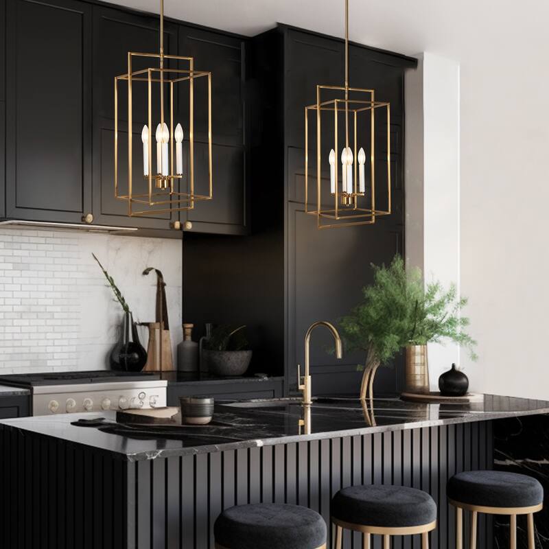 Dilley Mid-century Modern Gold 4-Light Lantern Chandelier Foyer Island Pendant for Dining Room