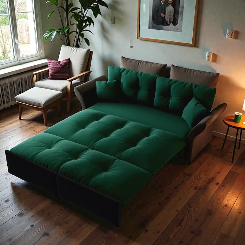 74.8 Inch Queen Pull Out Sofa Bed, 3 in 1 Convertible Velvet Sleeper Loveseat with Tufted Cushions