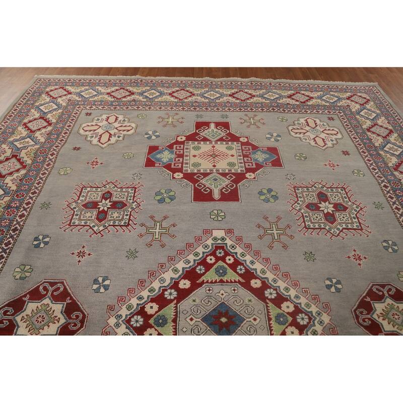 Gray Geometric Kazak Oriental Area Rug Handmade Wool Carpet - 9'11"x 13'3"
