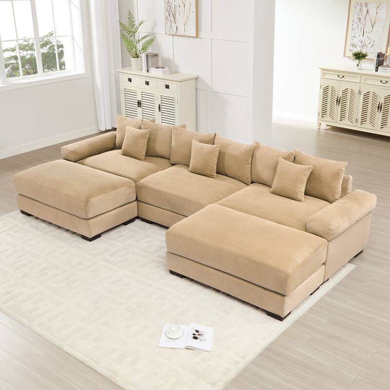 GDFStudio - Corduroy U-Shaped 3-Seater 130" Cloud Modular Sectional Couch with 2 Ottomans - Camel