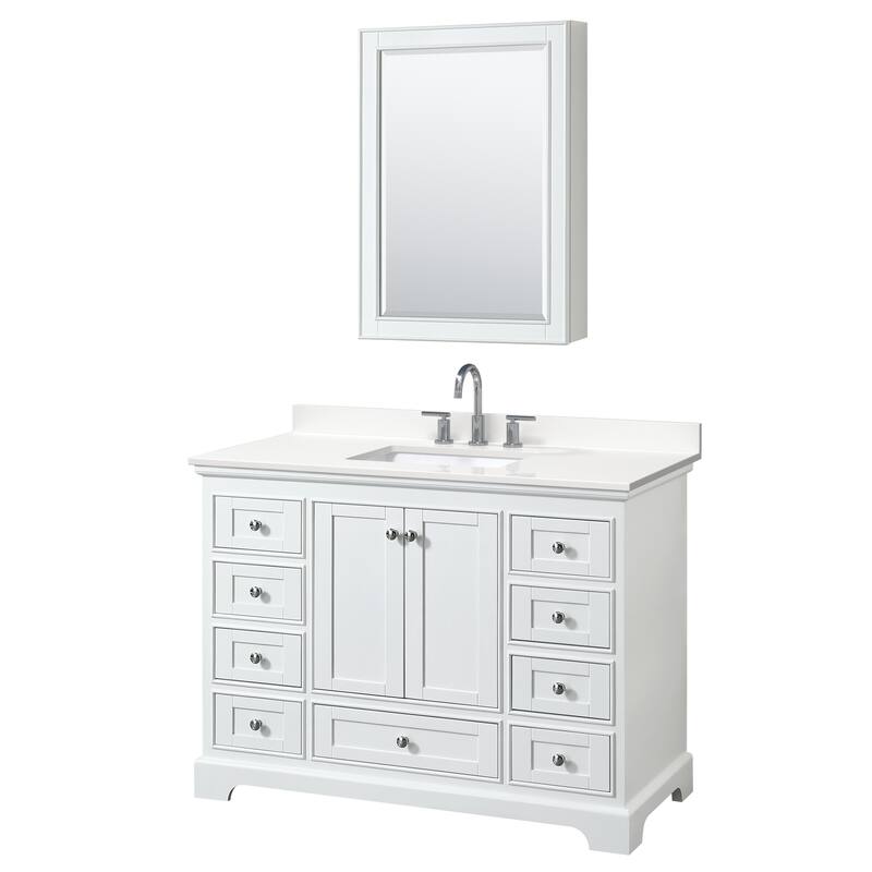 Deborah 48-inch Single Vanity, Quartz Top, Medicine Cabinet - White, Chrome Trim, White Quartz Top