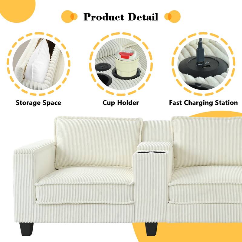 105" L-Shaped Corduroy Sectional Sofa with Storage Armrests and Console, 4-Seater Convertible Couch with USB charging