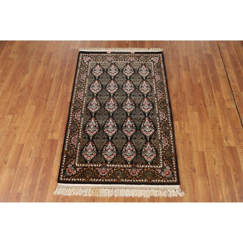 Hand Knotted Oriental 100% Wool Carpet Traditional Floral Black Isfahan Area Rug - 4' 4'' X 2' 9''
