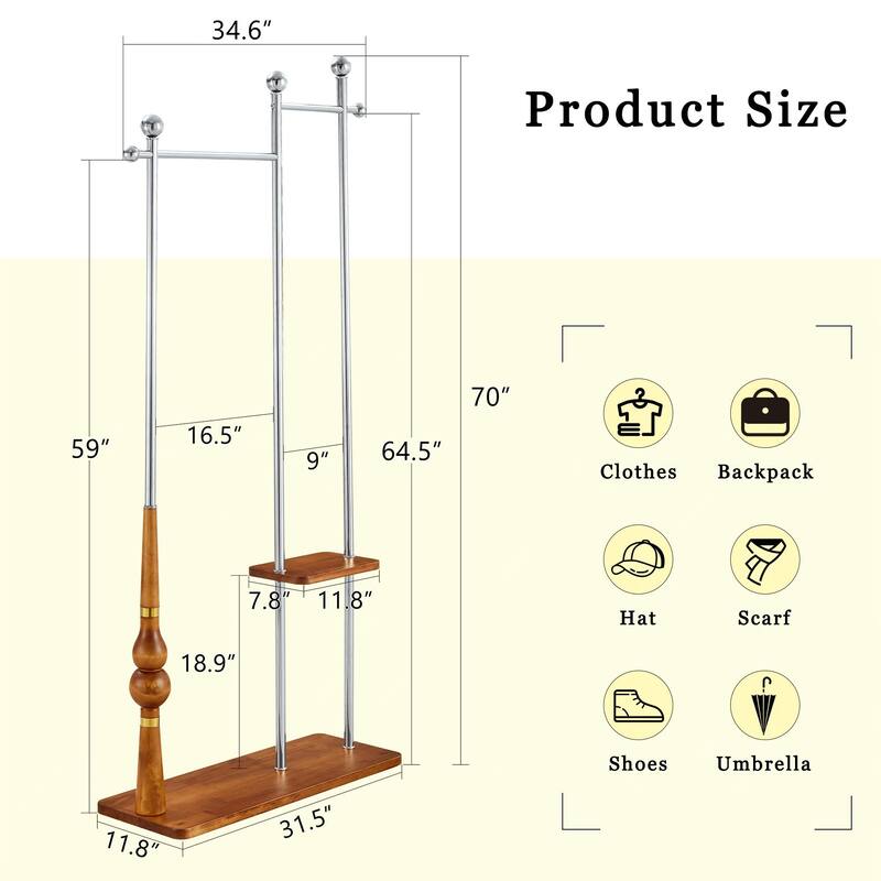 Industrial Coat Rack, Solid Wood and Stainless Steel Coat Stand with 2 Layer Storage, for Coats and Hats