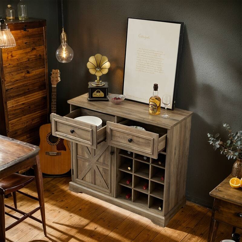 Rustic Farmhouse Buffet Cabinet with Storage,Multifunctional Sideboard with 2 Drawers,Bar Cabinet - 39.37D*15.75W*34.65H - Gray Wash