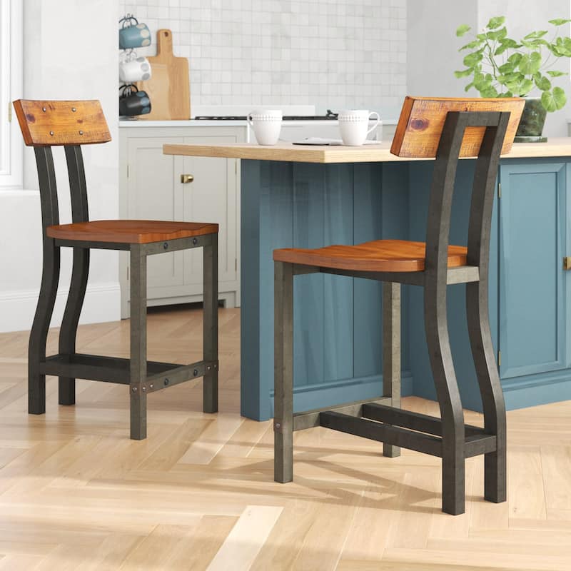 Rustic Brown and Gunmetal Finish Wooden Counter Height Chairs 2pc Set