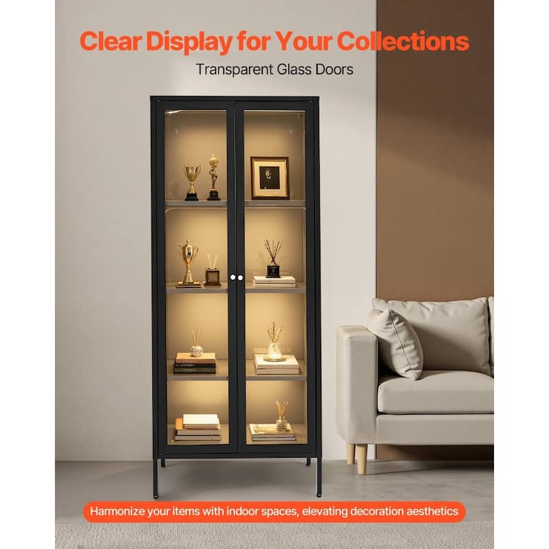 4-Tier Curio Cabinet with Tempered Glass Doors and Adjustable LED Lights and Sturdy Steel Frame - 27.99” × 14” × 66”