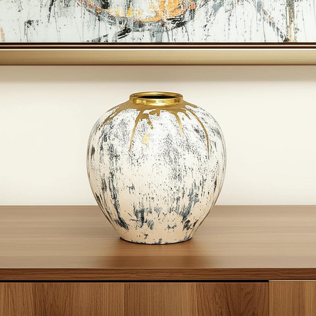 12" Gray Ivory And Gold Modern Abstract Ceramic Table Vase - 11.80