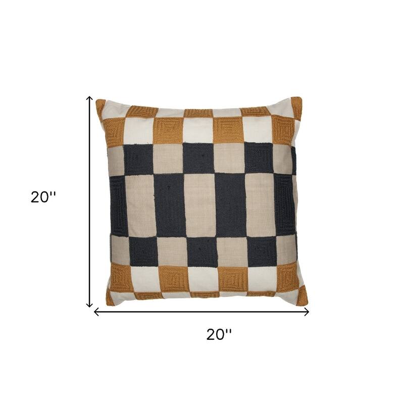 HomeRoots 20" Navy Blue Check Throw Pillow With Embroidery