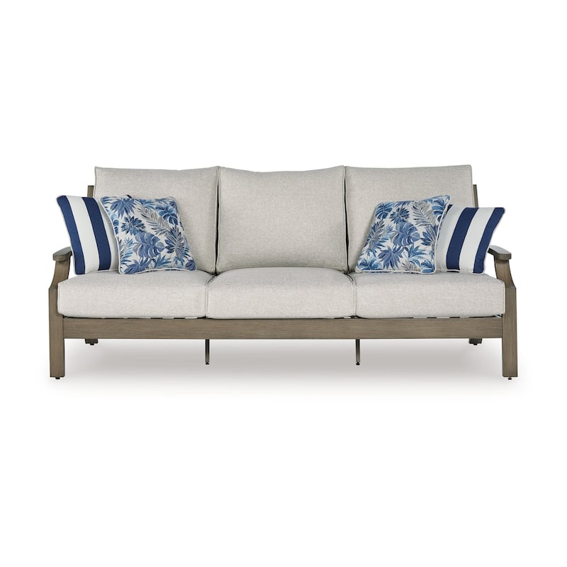 Inaya Outdoor Sofa, 4 Throw Pillows, Cream White, 89 Inch Brown Metal