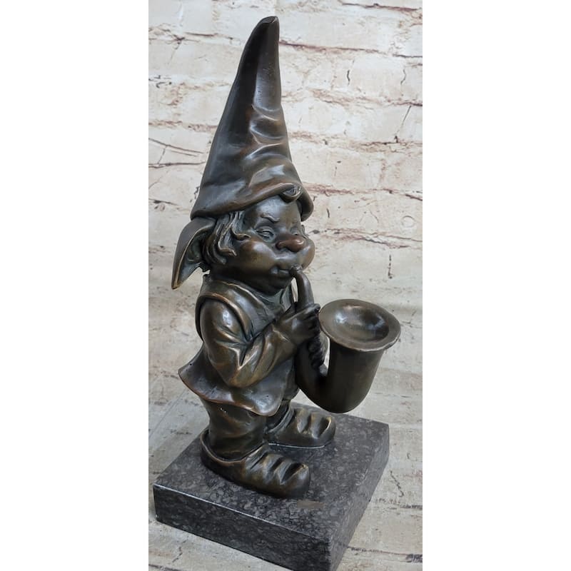 French Bronze Solid Br Figurine Gnome Trumpet Musician Music Collectible