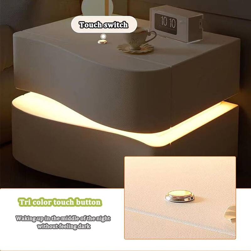Modern Leather Nightstand with LED Light & 2 Drawers