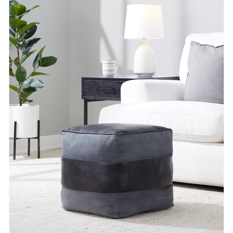 The Curated Nomad Najah Square Canvas & Leather Pouf