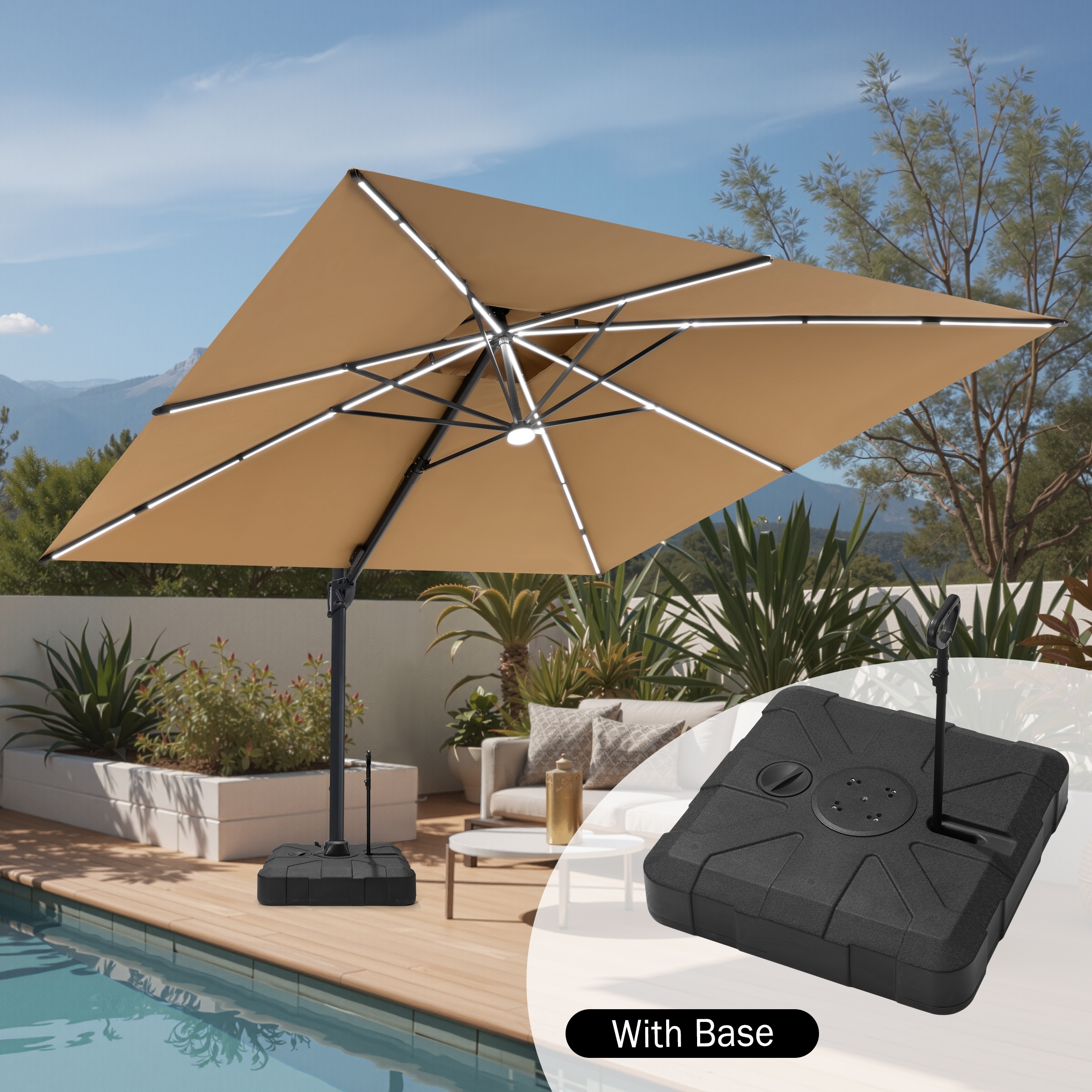 11 FT Outdoor Patio Cantilever Umbrella Solar Lights Double Canopy 360 Rotation Tilt with Pull Rod Wheels Base