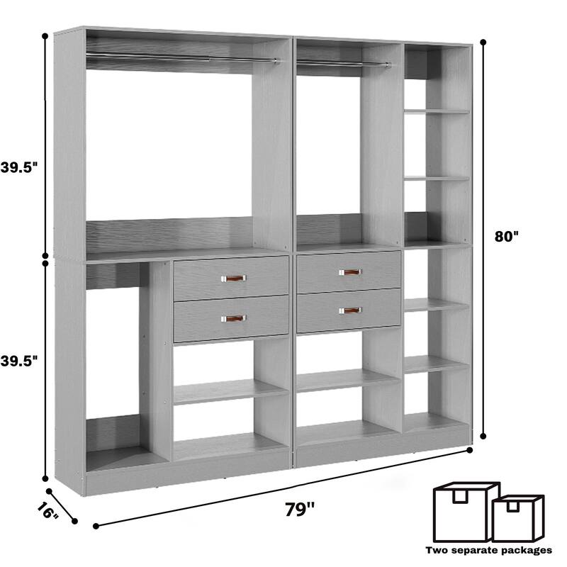 Vryon 110'' Set of 3 Freestanding Corner Closet System, Reversible Closet Organizer with Drawers and Hanging Rods