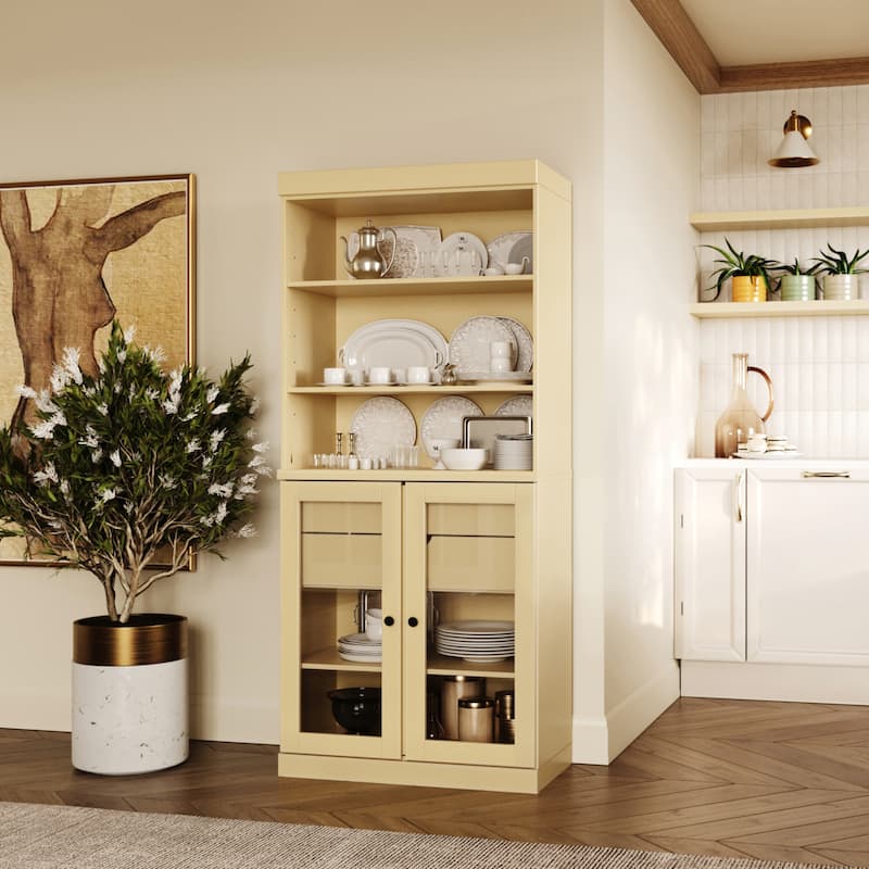 100% Solid Wood Kitchen Pantry Cabinet with 2 Clear Glass or Solid Wood Doors and 2-Drawer Organizer by Palace Imports