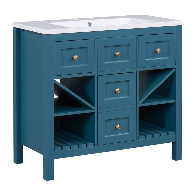 Modern 36" Bathroom Vanity with Resin Sink, 5 Drawers, Soft-Close Doors, Solid Wood Frame for Bathroom Storage - Blue