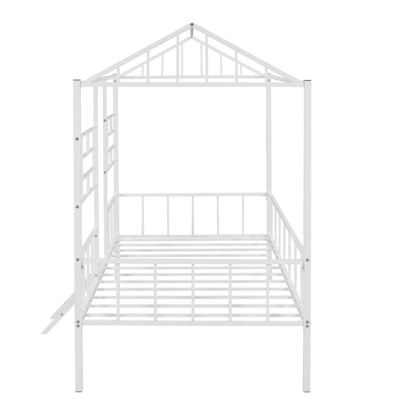Kids Twin Size Platform Bed Metal Low Loft Bed Semi-Enclosed House Bed with Roof, Windows and Ladder, Playhouse Style