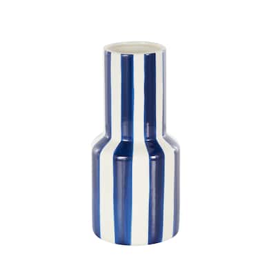 Ceramic Round Decorative Vase with Blue or Black Vertical Stripes - White - Roche River Decor