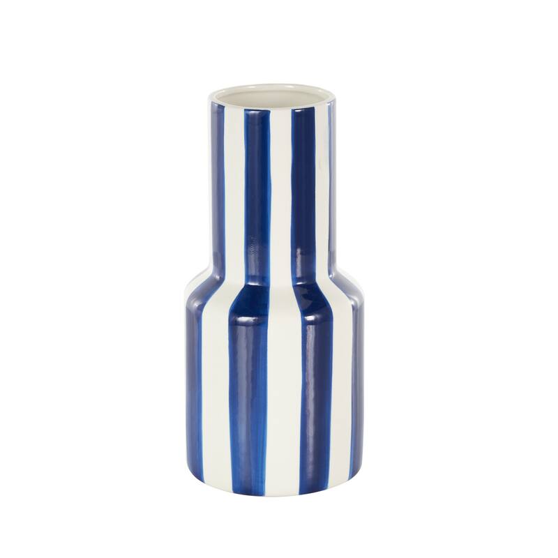 White Ceramic Round Decorative Vase with Blue or Black Vertical Stripes