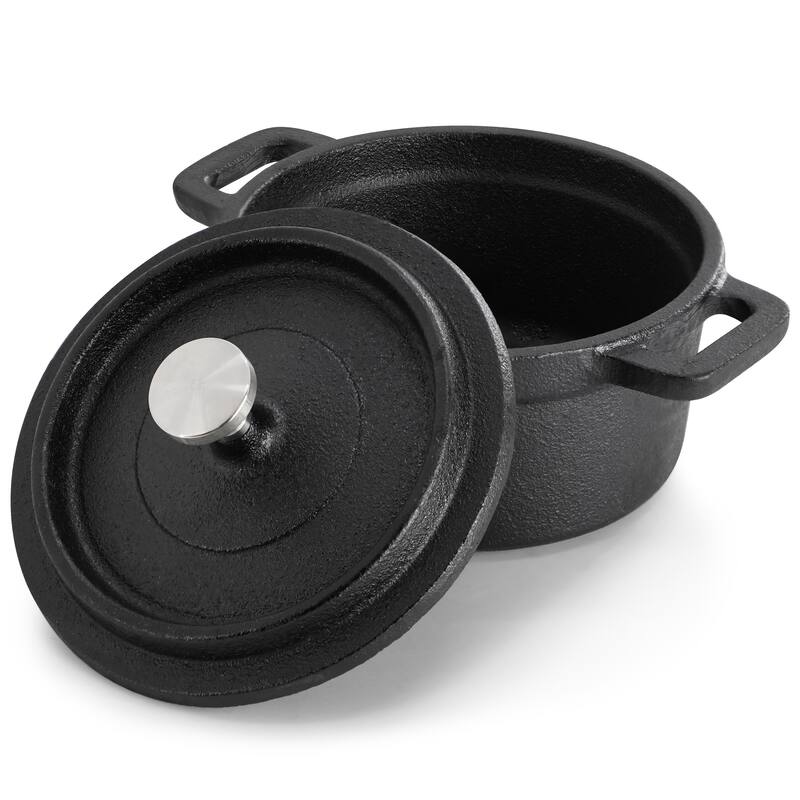 8 Ounce Cast Iron Mini Dutch Oven in Black with Wood Tray