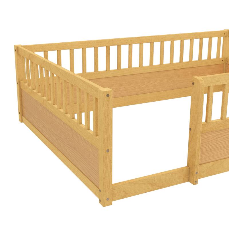 Solid Wood Floor Bed Frame without Slats, Montessori Kids Floor Beds with Full Length Fence, No Box Spring Needed