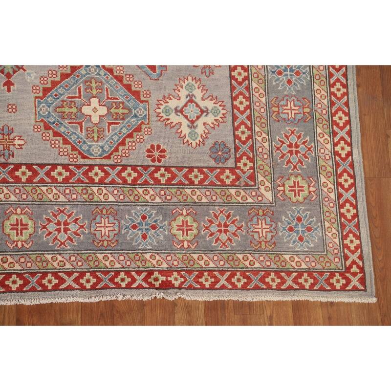 Geometric Kazak Oriental Area Rug Handmade Grey Wool Carpet - 8'2" x 10'0"