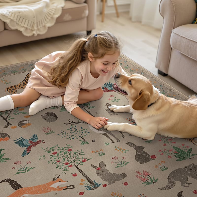 Mcow Woodland Friends Animal Print Low-Pile Machine-Washable Area Rug