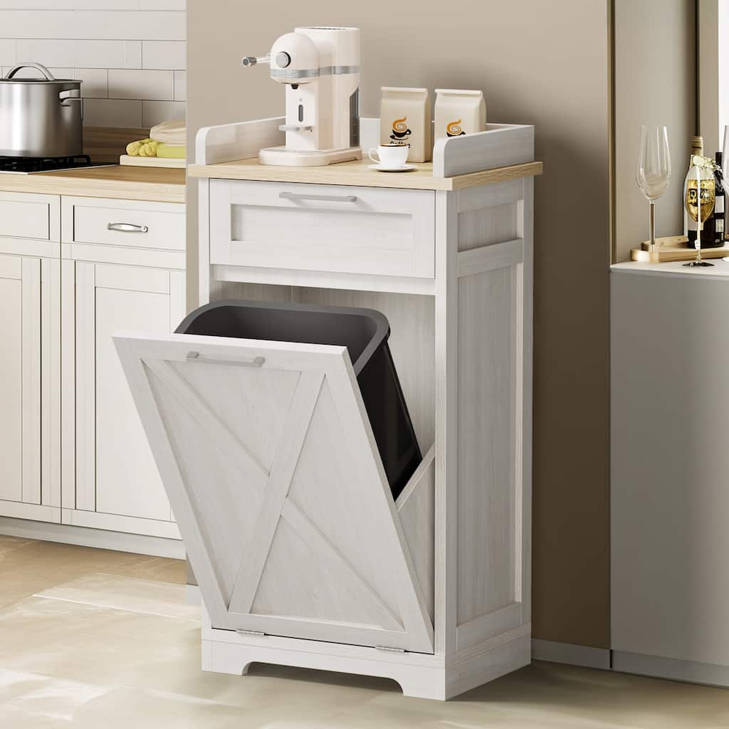 Moasis Kitchen Wooden Tilt Out Trash Can Cabinet Freestanding Trash Bin Holder