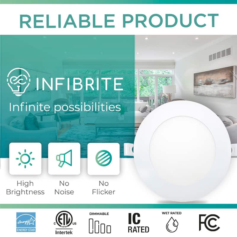 Infibrite 4 Inch 3000K/4000K/5000K Selectable 9W 750 LM Ultra-Slim LED Ceiling Light with Junction Box, Flush, Dimmable (6 Pack)