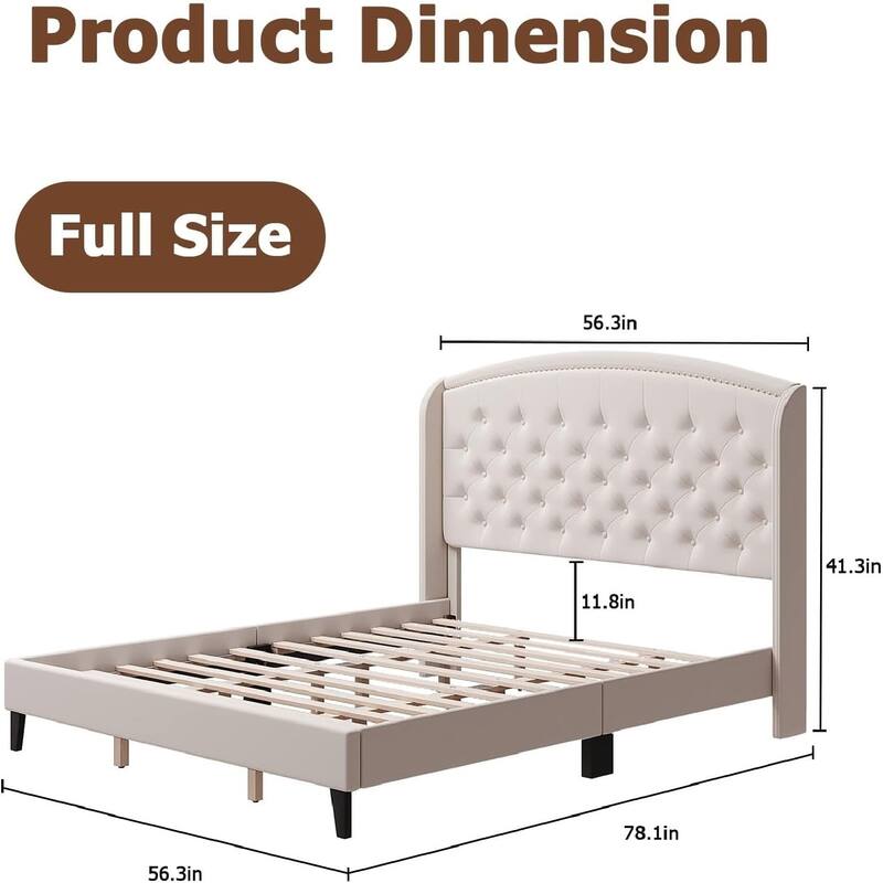 Platform Bed Frame Full with Upholstered Wingback Headboard