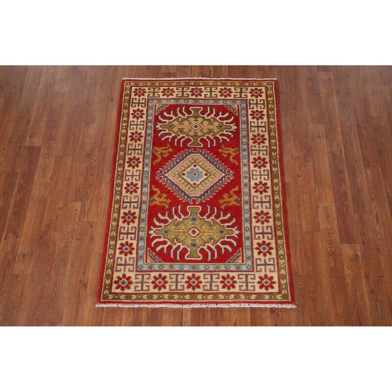 Red Geometric Kazak Foyer Rug Hand-Knotted Oriental Wool Carpet - 2'9" x 4'0"