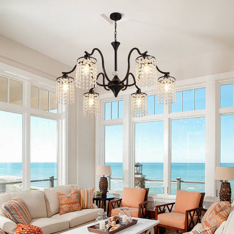 Modern Farmhouse Vintage Crystal Chandelier, 6-Light Rustic Kitchen Island Light Fixture